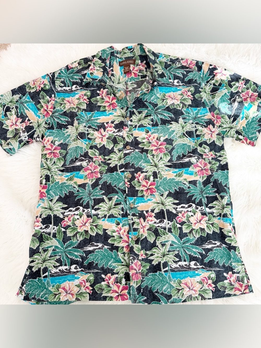 Paradise Floral Camp Shirt in Black with Teal & Pink